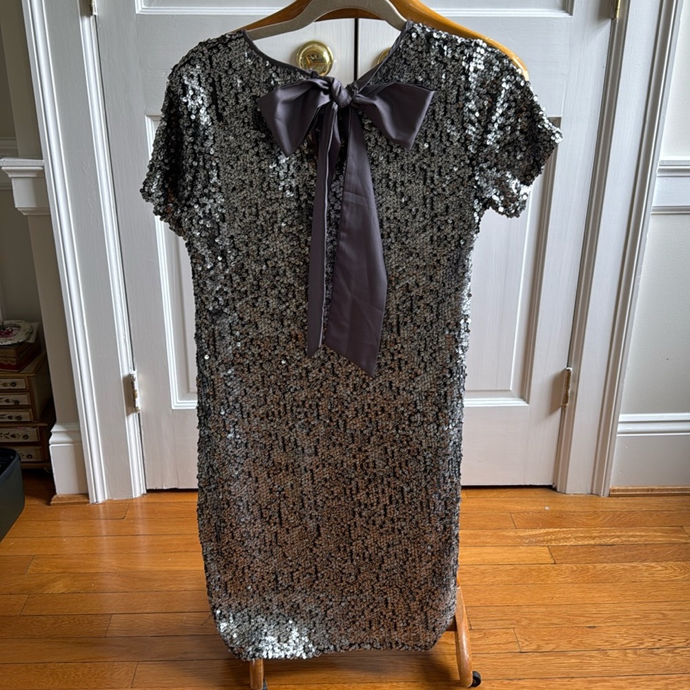 Poetry metallic silver sequin cocktail dress with satin bow in back in size 8